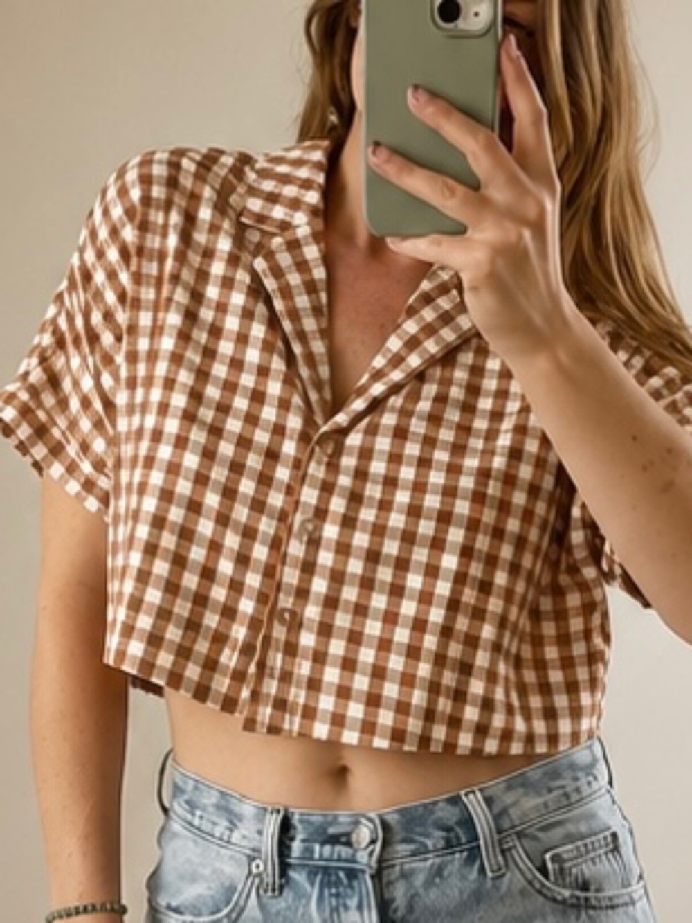 find me now gingham cropped button front camp shirt check size m